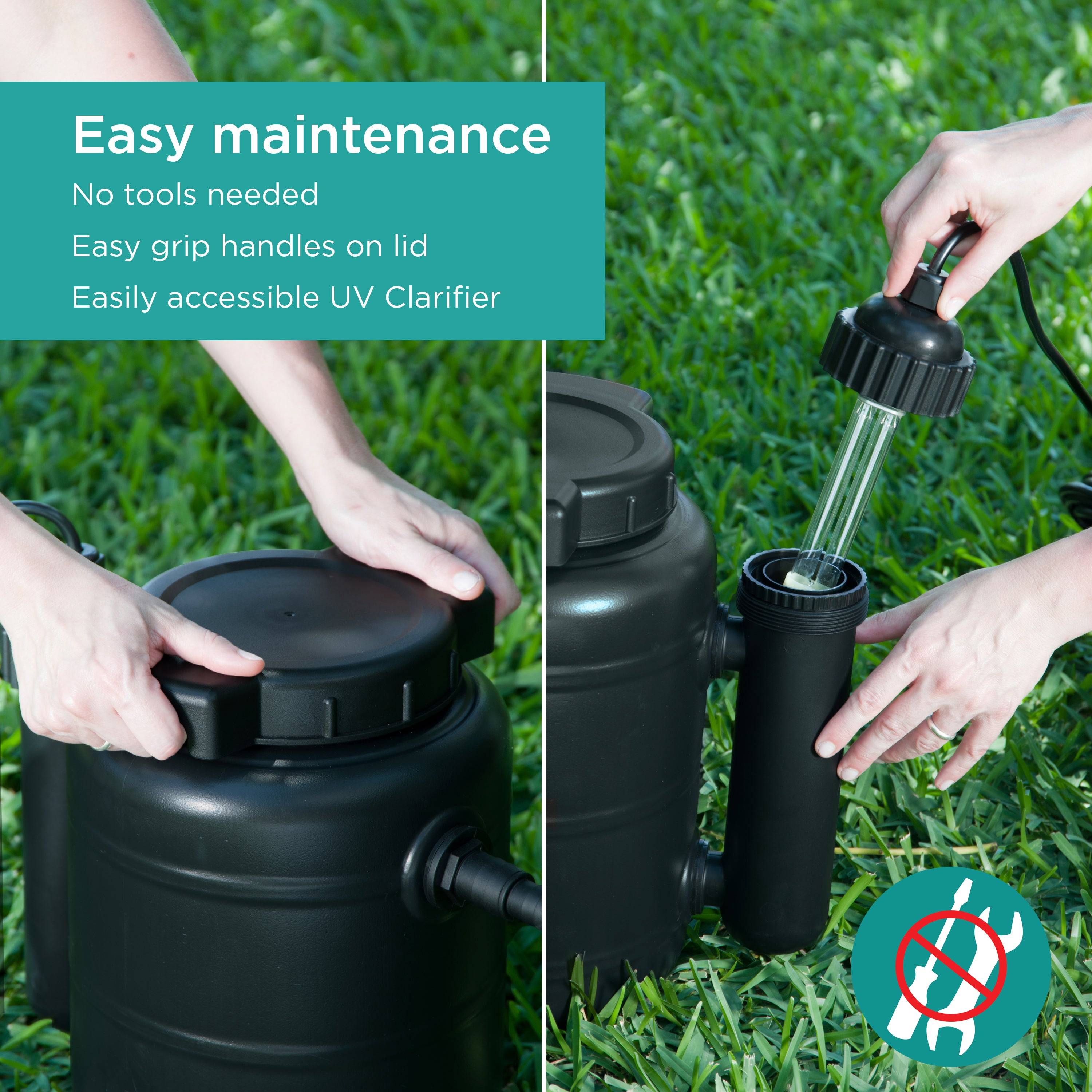 Pond Filter with UV Clarifier features easy maintenance with no tools needed, easy grip handles on lid, and easily accessible UV clarifier