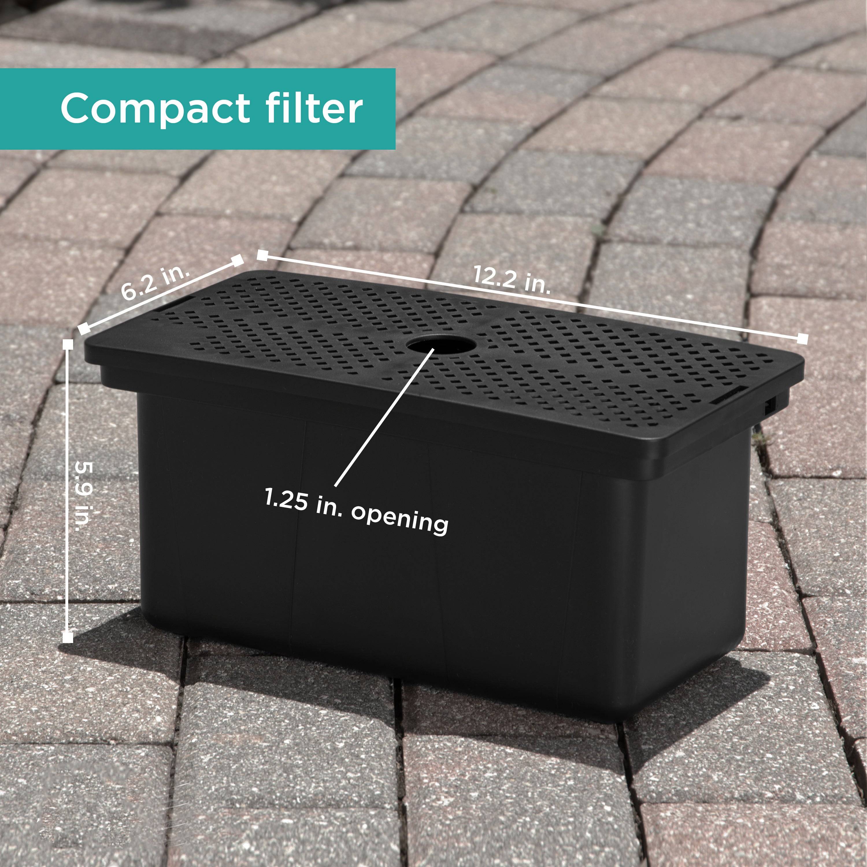 Universal Pump Filter Box features a compact filter - size chart