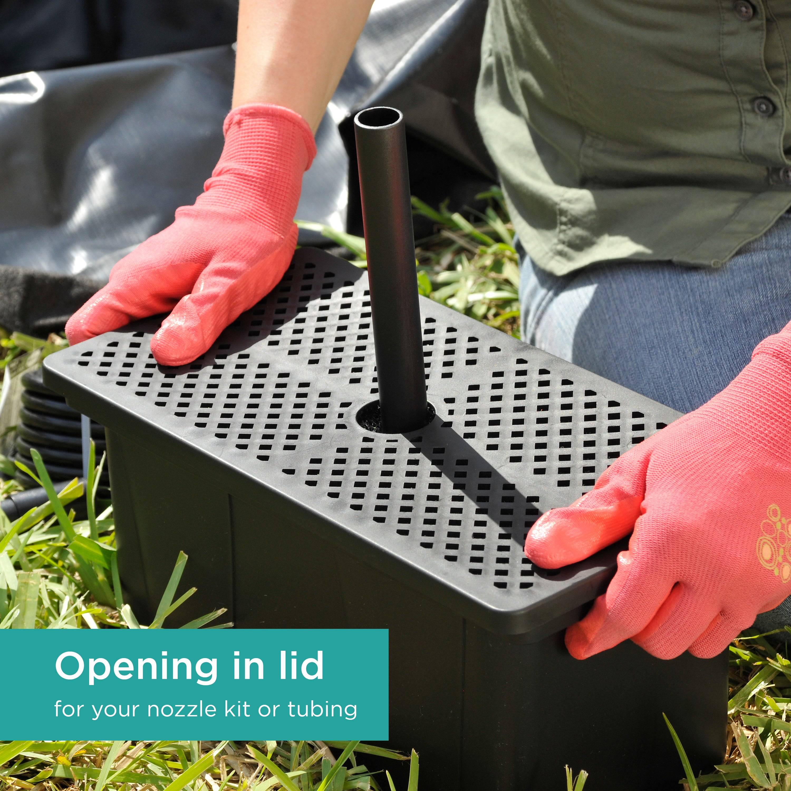 Universal Pump Filter Box features opening in lid for nozzle kits or tubing 