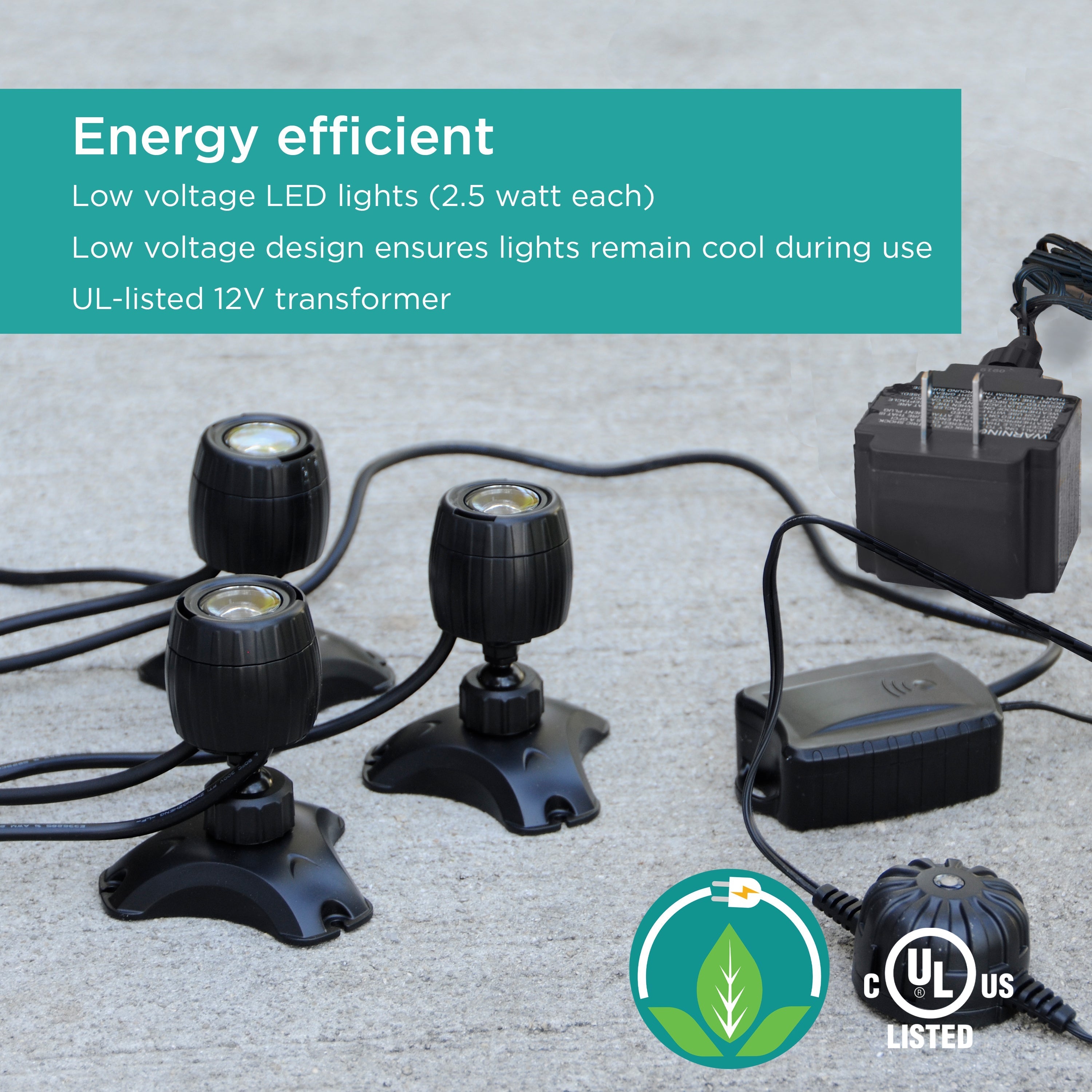 Color Changing Pond & Landscape LED Light Set is energy efficient with low voltage lights and UL-listed 12V transformer