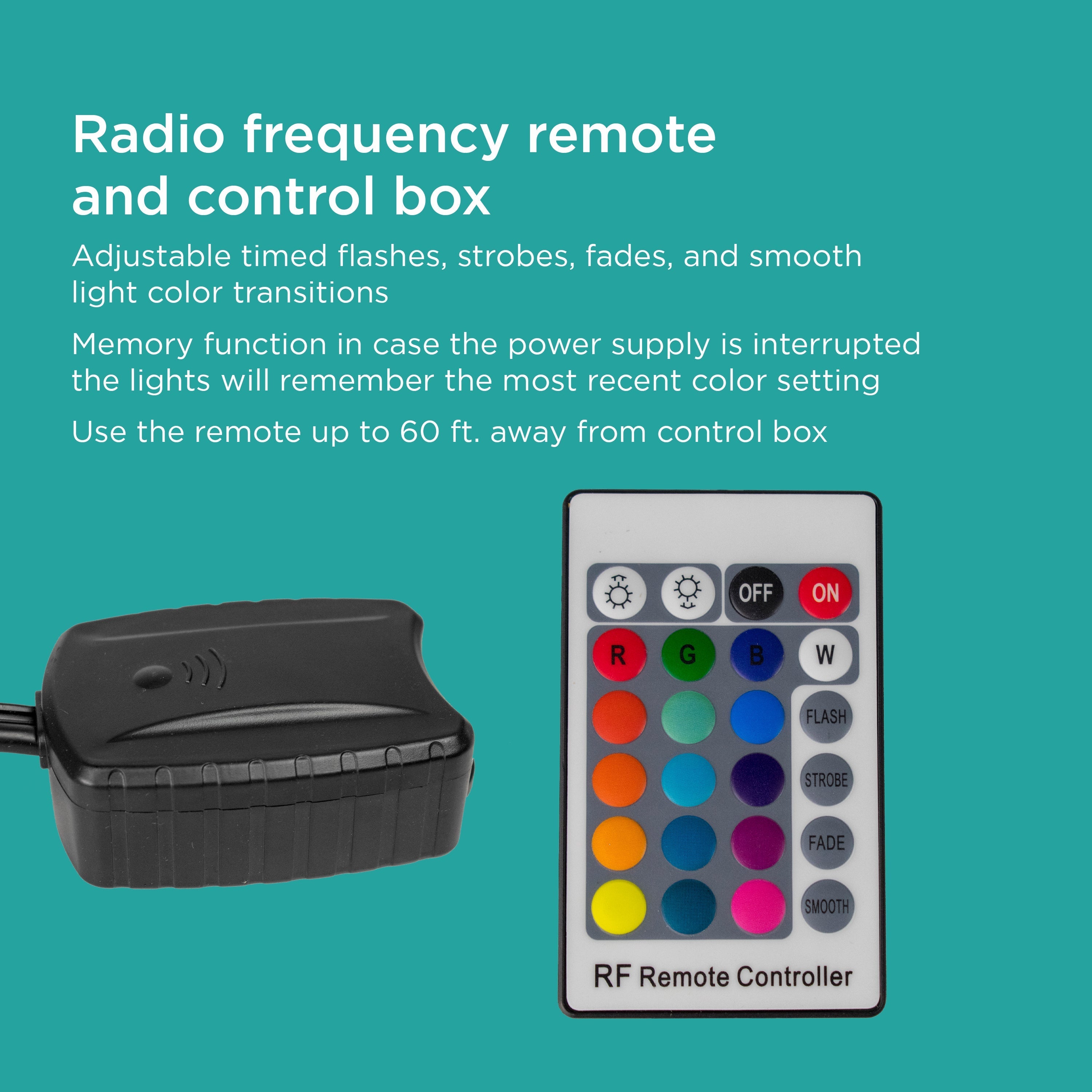 Color Changing Pond & Landscape LED Light Set includes radio frequency remote and control box