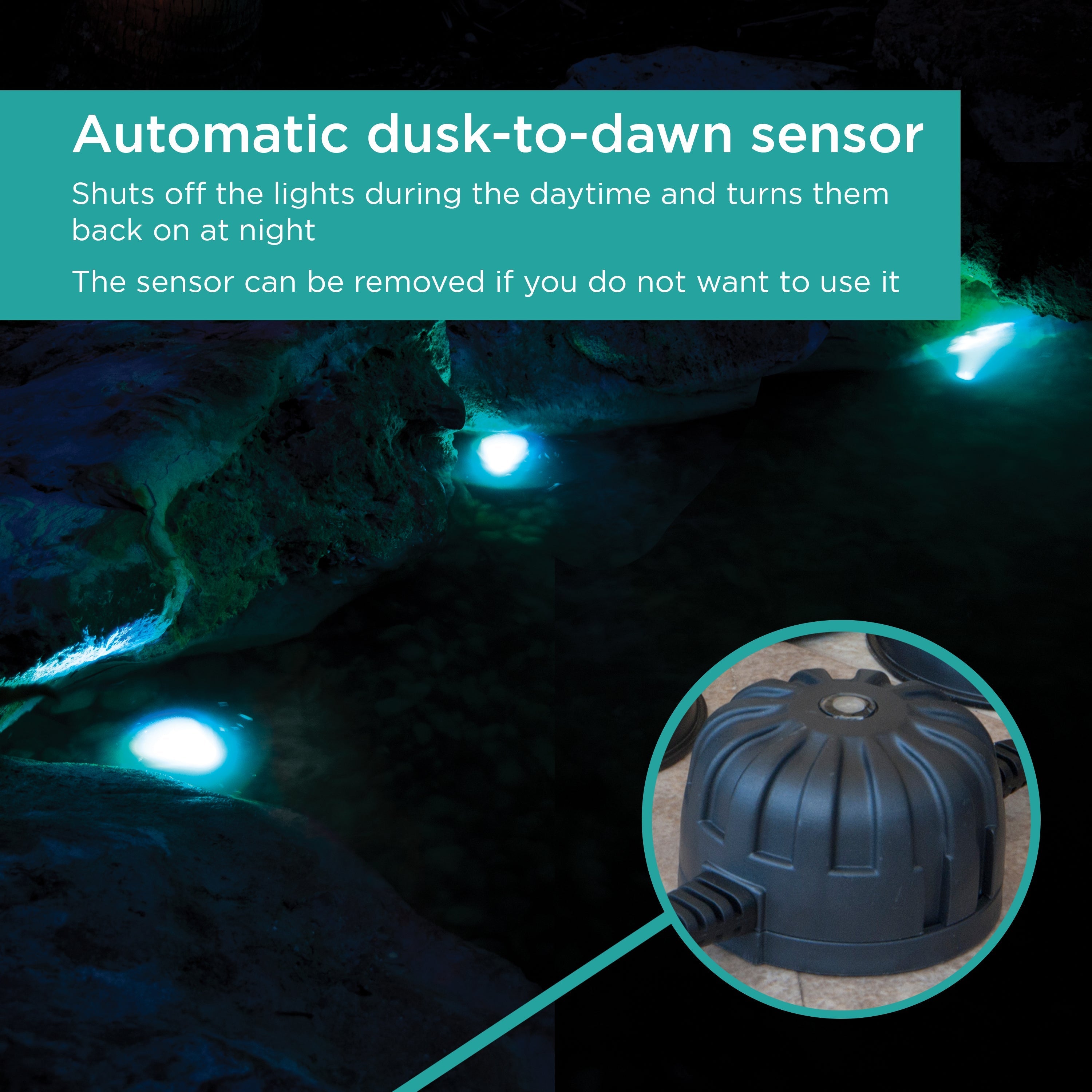 Color Changing Pond & Landscape LED Light Set includes automatic dusk-to-dawn feature