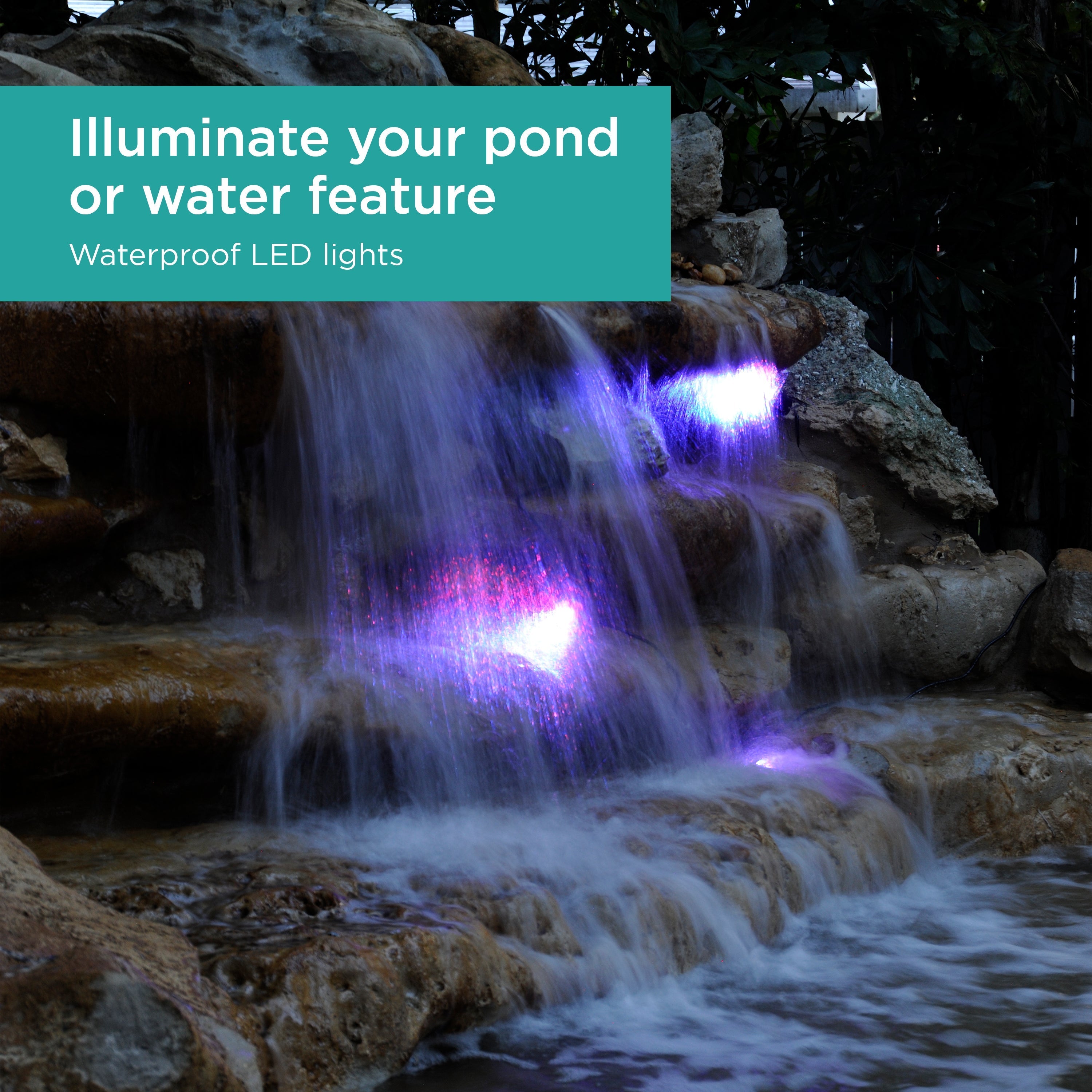 Color Changing Pond & Landscape LED Light Set illuminates ponds or water features