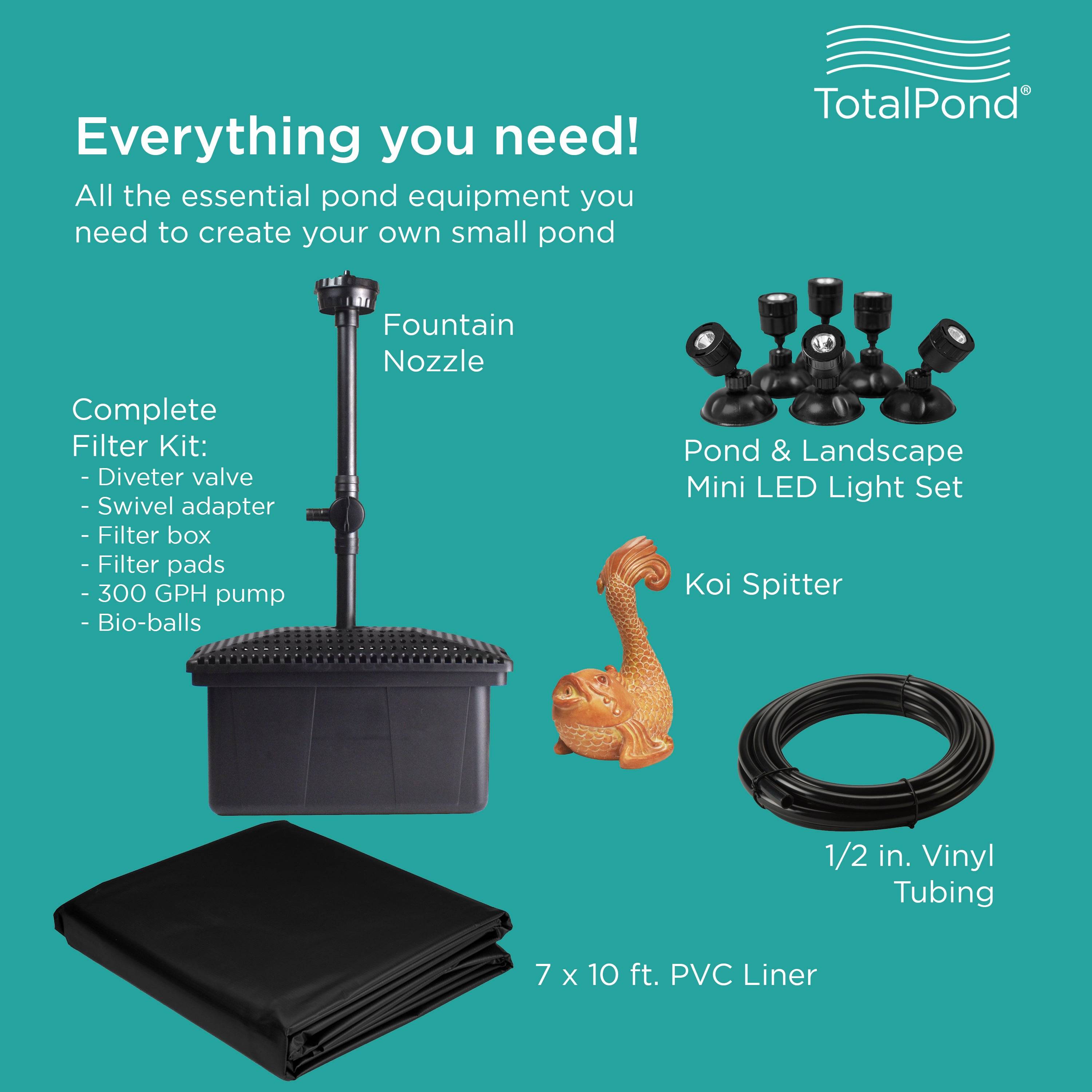 All-in-One Pond Bundle - Everything you need - Pond Liner, Complete Filter Kit, Fountain Nozzle, Vinyl Tubing, Koi Spitter, and Pond & Landscape Mini LED Light Set